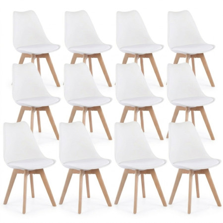 12 Chaises Tulipes Salle à Manger Scandinaves Bm Home Salle de Bureau, Pieds en Bois de Hêtre Massif, BLANCHES