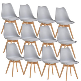 12 Chaises Tulipes Salle à Manger Scandinaves Bm Home Salle de Bureau, Pieds en Bois de Hêtre Massif, Couleur GRISE