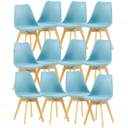 12 Chaises Tulipes Salle à Manger Scandinaves Bm Home Salle de Bureau, Pieds en Bois de Hêtre Massif, BLEUES