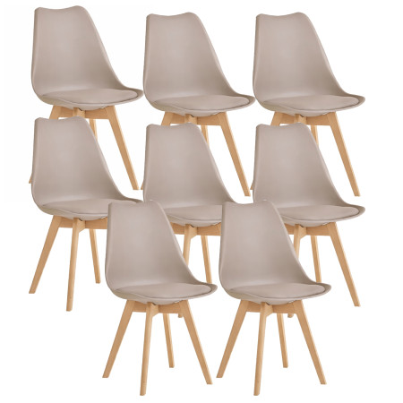 8 Chaises Tulipes Salle à Manger Scandinaves Bm Home Salle de Bureau, Pieds en Bois de Hêtre Massif, Couleur TAUPE