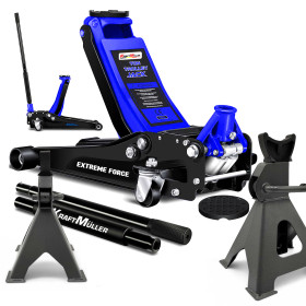 Cric hydraulique KraftMüller PRO 2,25 tonnes, Chandelles 3T, levage 50cm, Levée rapide à double-pompe, Garage AUTO Méca - BLU