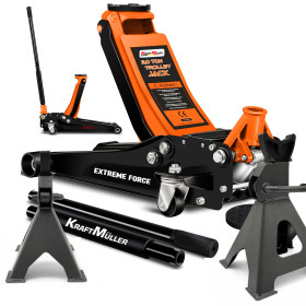 Cric hydraulique KraftMüller PRO 2,25 tonnes, Chandelles 3T, levage 50cm, Levée rapide à double-pompe, Garage AUTO Méca - ORANGE