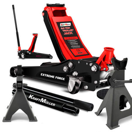 Cric hydraulique KraftMüller PRO 2,25 tonnes, Chandelles 3T, levage 50cm, Levée rapide à double-pompe, Garage AUTO Méca - ROUGE