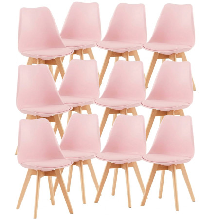 12 Chaises Tulipes Salle à Manger Scandinaves Bm Home Salle de Bureau, Pieds en Bois de Hêtre Massif, Colorie Rose