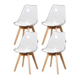 4 Chaises Tulipes Salle à Manger Scandinaves Bm Home Salle de Bureau, Pieds Bois de Hêtre Massif, Transparente, Assise Blanche