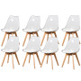 8 Chaises Tulipes Salle à Manger Scandinaves Bm Home Salle de Bureau, Pieds Bois de Hêtre Massif, Transparente, Assise Blanche