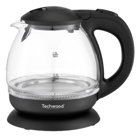 Techwood Théière Électrique TB-1086V 1 Litre Verre Transparent Noir Socle Rotatif 360° Chauffage Inox Dissimulé 1650W