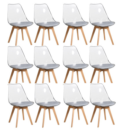 12 Chaises Tulipes Salle à Manger Scandinaves Bm Home Salle de Bureau, Pieds en Bois de Hêtre Massif, Transparente, assise Grise