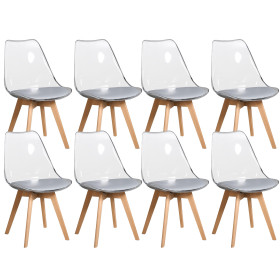 8 Chaises Tulipes Salle à Manger Scandinaves Bm Home Salle de Bureau, Pieds en Bois de Hêtre Massif, Transparente, assise Grise