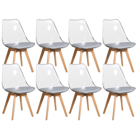 8 Chaises Tulipes Salle à Manger Scandinaves Bm Home Salle de Bureau, Pieds en Bois de Hêtre Massif, Transparente, assise Grise