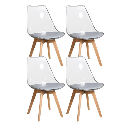 4 Chaises Tulipes Salle à Manger Scandinaves Bm Home Salle de Bureau, Pieds en Bois de Hêtre Massif, Transparente, assise Grise