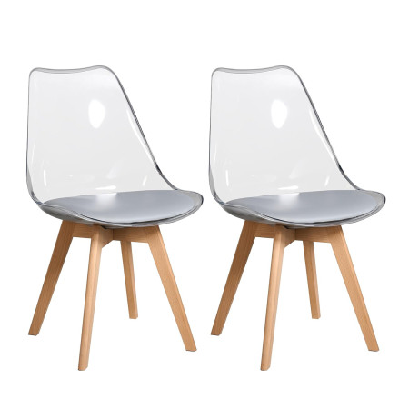 2 Chaises Tulipes Salle à Manger Scandinaves Bm Home Salle de Bureau, Pieds en Bois de Hêtre Massif, Transparente, assise Grise