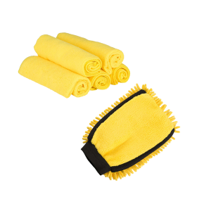 Dunlop Pack Lavage Auto - Gant 2 en 1 Double Face + 5 Chiffons Microfibre 40x40 cm 200 GSM Jaune