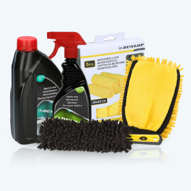 Dunlop Kit Lavage Auto Complet - Shampoing 1L + Cire Wax 500ml + 5 Microfibres + Gant de Lavage + Brosse Jantes