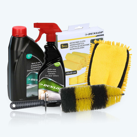 Dunlop Pack Nettoyage Voiture : Shampoing 1L + Cire 500ml + Brosse Jantes XL + Gant Lavage 2en1 + 5 Chiffons Microfibres 40x40cm