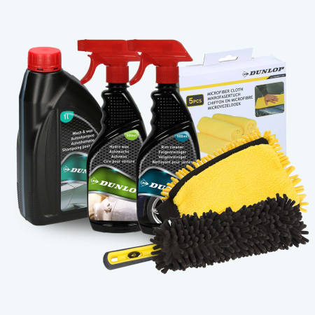 Dunlop Pack Nettoyage Voiture - Shampoing 1L + Cire 500ml + Nettoyant Jantes 500ml + Brosse Chenille + Gant 2en1 + 5 Microfibres