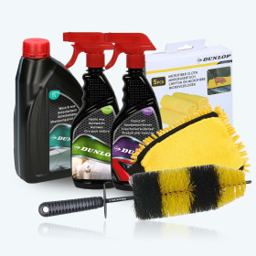 Dunlop Pack Nettoyage Voiture - Shampoing 1L + Cire Hydro Wax 500ml + Anti Insectes 500ml + Brosse XL + Gant 2en1 + 5 Microfibre