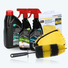 Dunlop Pack Nettoyage Voiture - Shampoing 1L + Cire 500ml + Nettoyant Jantes 500ml + Brosse + Gant + 5 Microfibres