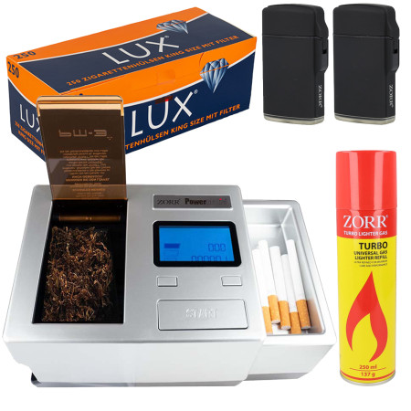 ZORR Pack Complet Tubeuse Électrique Powermatic 3 Deluxe avec 2 Briquets, Gaz et Tubes à Cigarettes - Gris