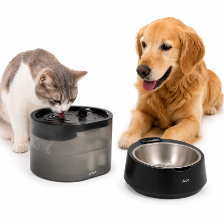 LIVOO Pack Fontaine à eau et gamelle de croquettes avec balance pour chat et chien - Gris