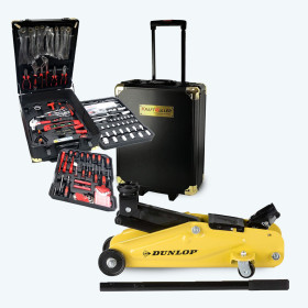 BM TOOLS Pack Atelier Auto Cric Rouleur Hydraulique 2T DUNLOP + Valise Outils 326 Pièces Chrome Vanadium KraftMüller