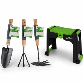 KINZO Pack Jardinage Confort Agenouilloir Tabouret Rangement Ribimex + Kit 3 Outils Main Pelle Griffe Serfouette