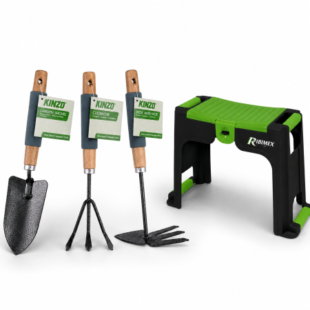 KINZO Pack Jardinage Confort Agenouilloir Tabouret Rangement Ribimex + Kit 3 Outils Main Pelle Griffe Serfouette