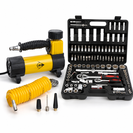 Dunlop Pack Auto Coffret Douilles 108 Pièces KraftMüller + Mini Compresseur d'Air Portable 12V 96W