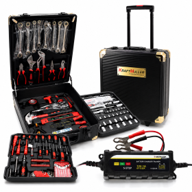 Dunlop Pack Atelier Auto Chargeur Batterie Intelligent 12V 1A + Valise Outils 326 Pièces KraftMüller