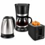 Dolce Casa Pack Petit-Déjeuner Noir Bouilloire 1,8L + Cafetière Filtre 1,2L + Grille-Pain 2 Tranches