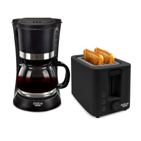 Dolce Casa Pack Petit-Déjeuner Noir Cafetière Filtre 1,2L 8-12 Tasses 900W + Grille-Pain 2 Tranches 700W