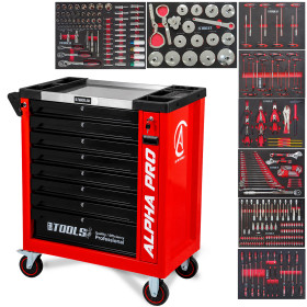 Servante d'Atelier Garage Automobile BM TOOLS ALPHA-PRO - 9 Tiroirs - 311 OUTILS, 4 roues, 2 freins, Chariot MECANICIEN - Rouge