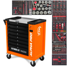 Servante d'Atelier Garage Automobile BM TOOLS ALPHA-PRO - 9 Tiroirs - 311 OUTILS, 4 roues, 2 freins, Chariot MECANICIEN - Orange