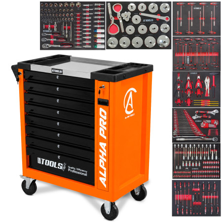 Servante d'Atelier Garage Automobile BM TOOLS ALPHA-PRO - 9 Tiroirs - 311 OUTILS, 4 roues, 2 freins, Chariot MECANICIEN - Orange
