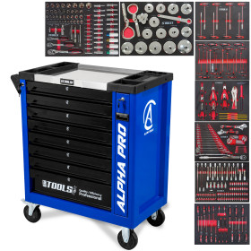 Servante d'Atelier Garage Automobile BM TOOLS ALPHA-PRO - 9 Tiroirs - 311 OUTILS, 4 roues, 2 freins, Chariot MECANICIEN - Bleu