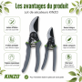 KINZO Ciseaux de Jardin 21cm et 16cm - Poignée Ergonomique - Lot de 2 Tailles