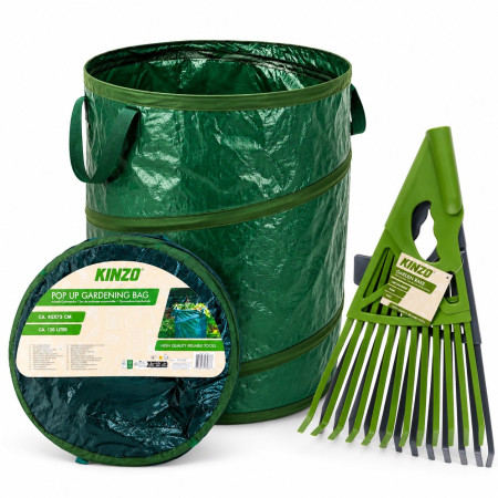 KINZO Pack Sac de Jardin Pop-up Pliable 120L 45x75cm Vert + Râteau Ramasseur Feuilles Lot 2