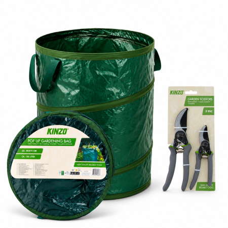 KINZO Lot 2 Ciseaux de Jardin 21cm et 16cm + Sac Pop-up Pliable 120L Vert