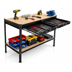 BM TOOLS BMT-ETAB-120-TIR-BK Établi Atelier avec étagère noir 120x60x90 cm - 2 Tiroirs pour outillage, Charge Max. 100 kg