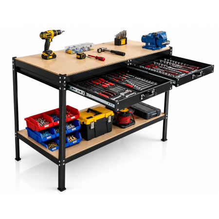BM TOOLS BMT-ETAB-120-TIR-BK Établi Atelier avec étagère noir 120x60x90 cm - 2 Tiroirs pour outillage, Charge Max. 100 kg