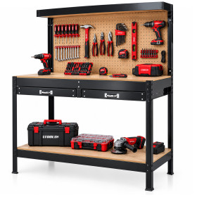 BM TOOLS BMT-ETAB-120-TOP-BK Établi de Garage 120 cm Noir 2 Tiroirs Pegboard Étagères Acier + 20 crochets pour outillage