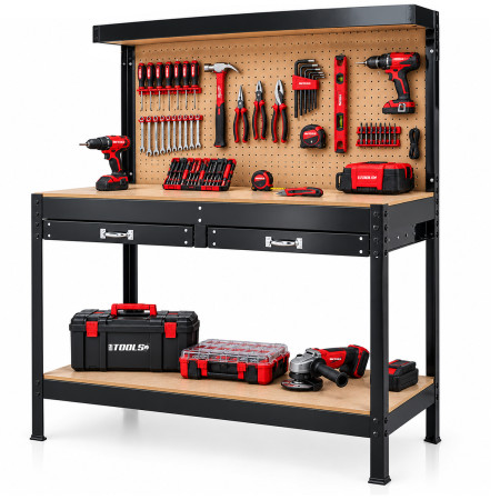BM TOOLS BMT-ETAB-120-TOP-BK Établi de Garage 120 cm Noir 2 Tiroirs Pegboard Étagères Acier + 20 crochets pour outillage
