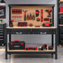 BM TOOLS BMT-ETAB-120-TOP-BK Établi de Garage 120 cm Noir 2 Tiroirs Pegboard Étagères Acier + 20 crochets pour outillage